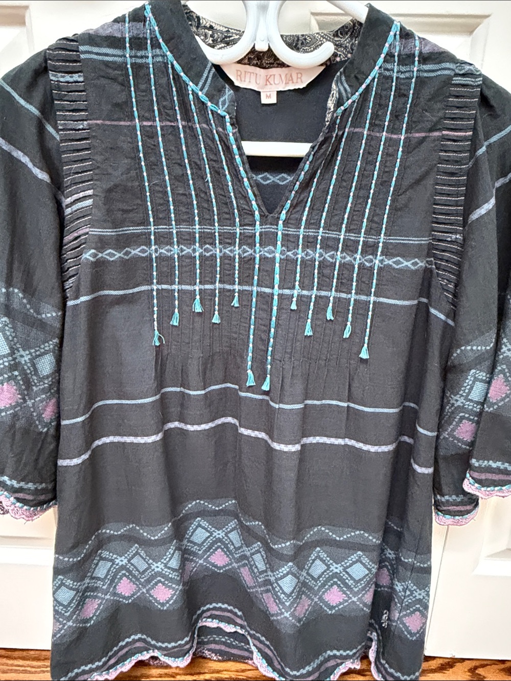 Ritu Kumar sz M 100% Cotton Charcoal Tunic Teal & Pink Embroidery fringe cord